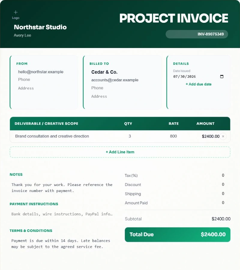 Bold CatInvoice template showing a branded creative freelancer invoice