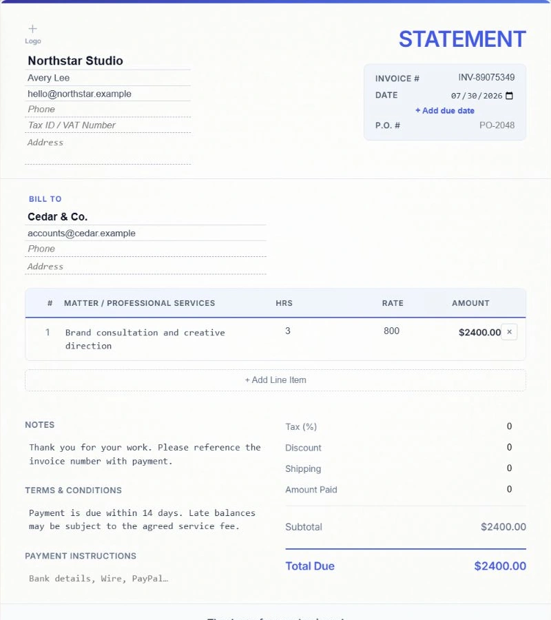 Classic CatInvoice template showing a professional freelance service invoice