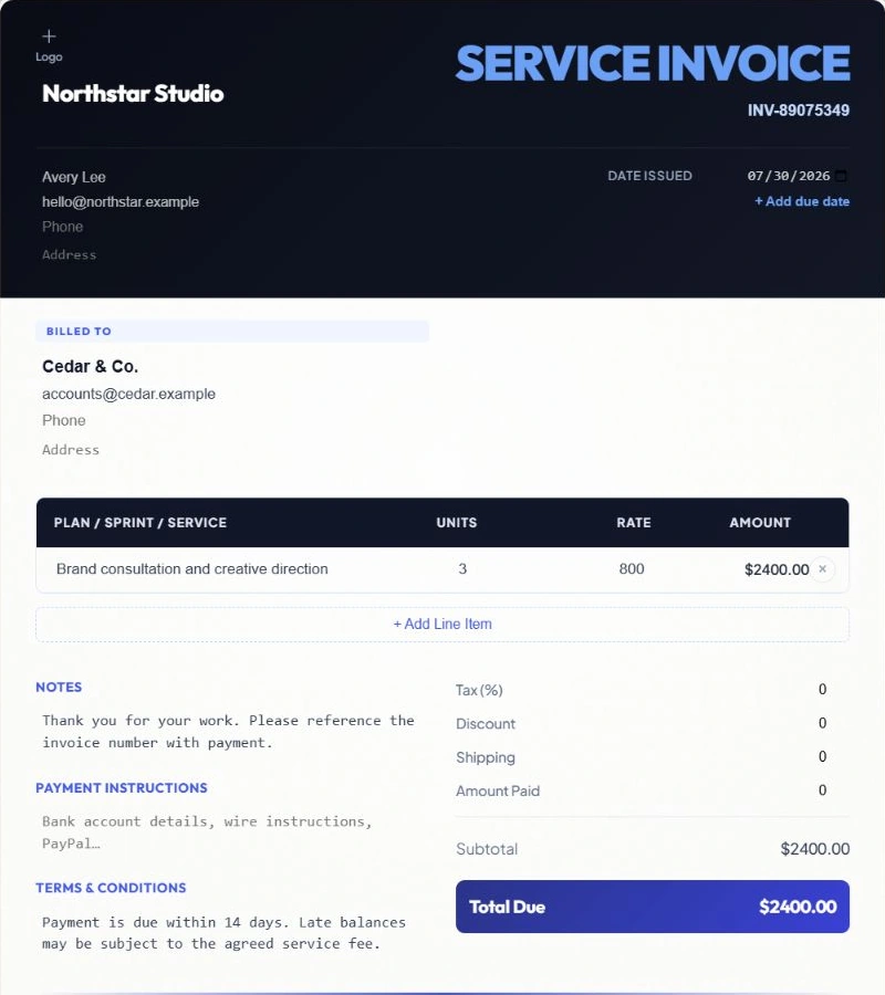 Modern CatInvoice template showing a consultant invoice with itemized services