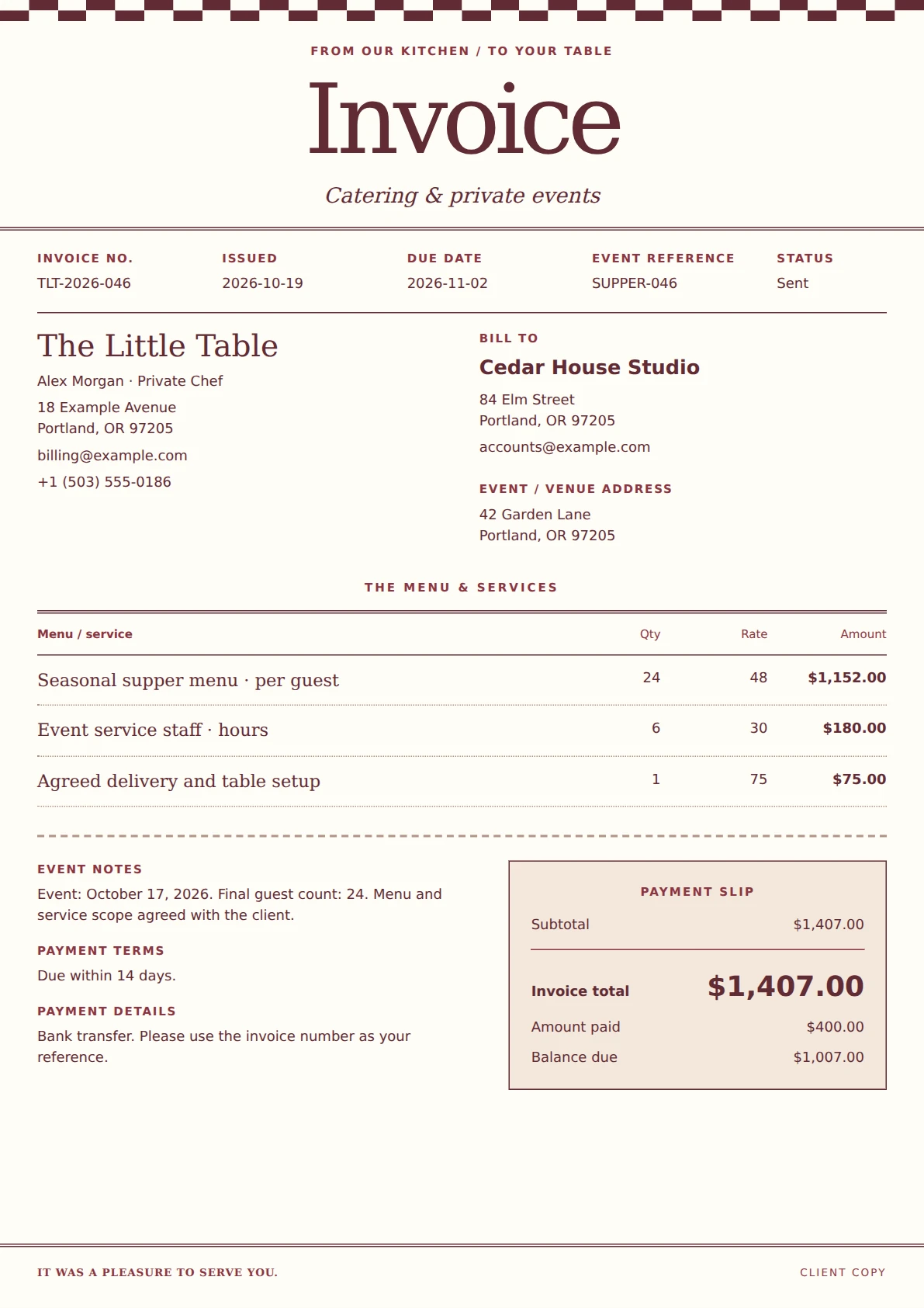 Bistro Carte invoice template preview