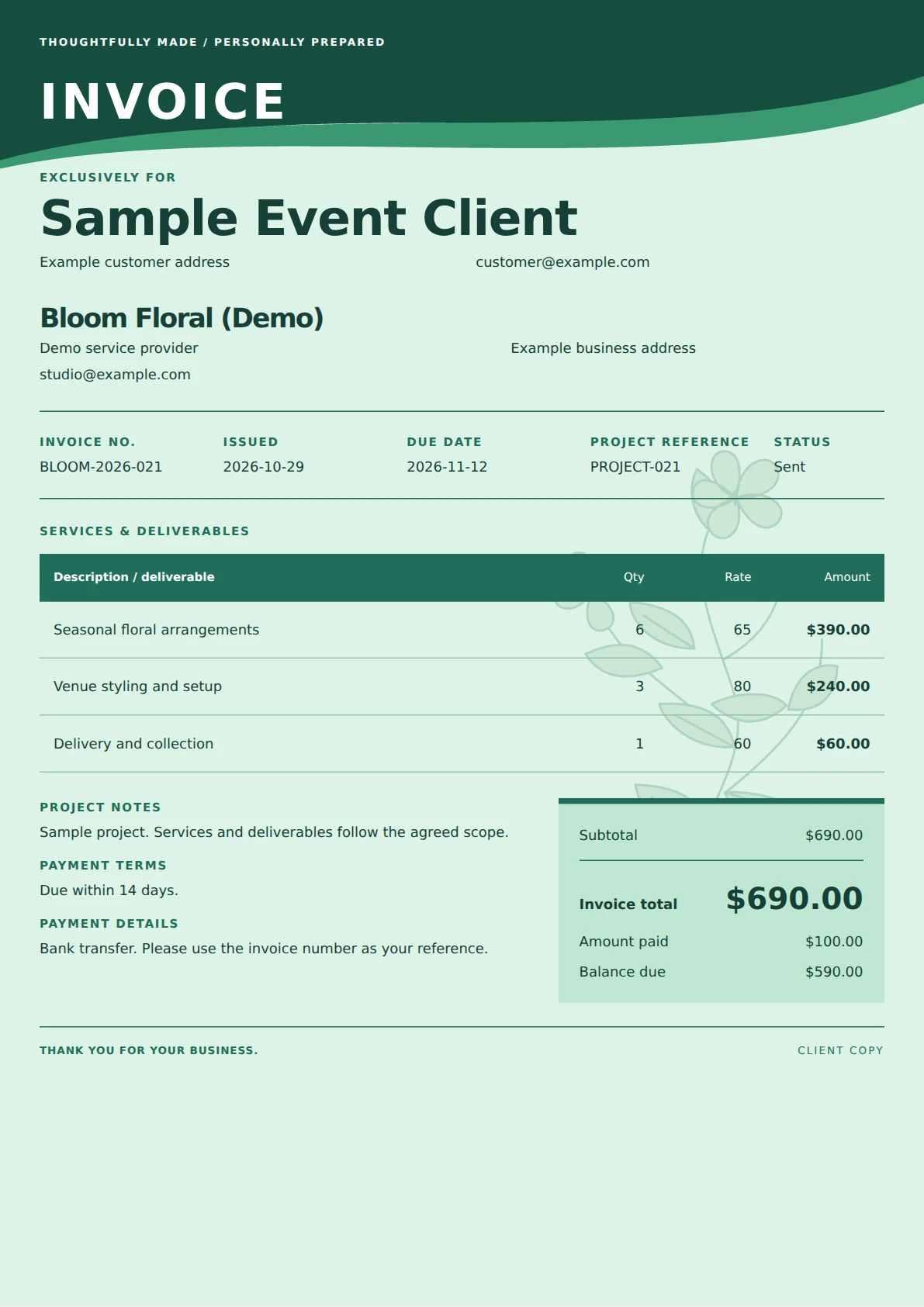 Bloom Botanical invoice template preview