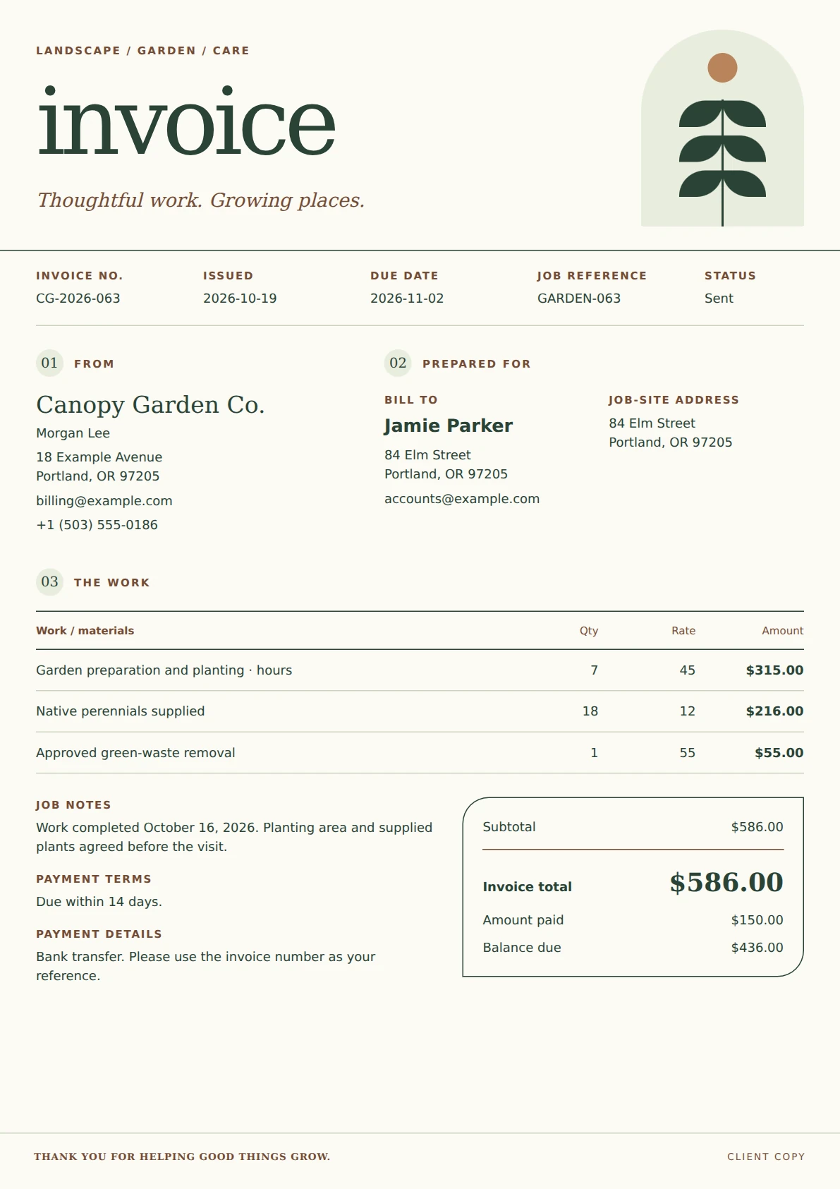 Canopy Landscape invoice template preview