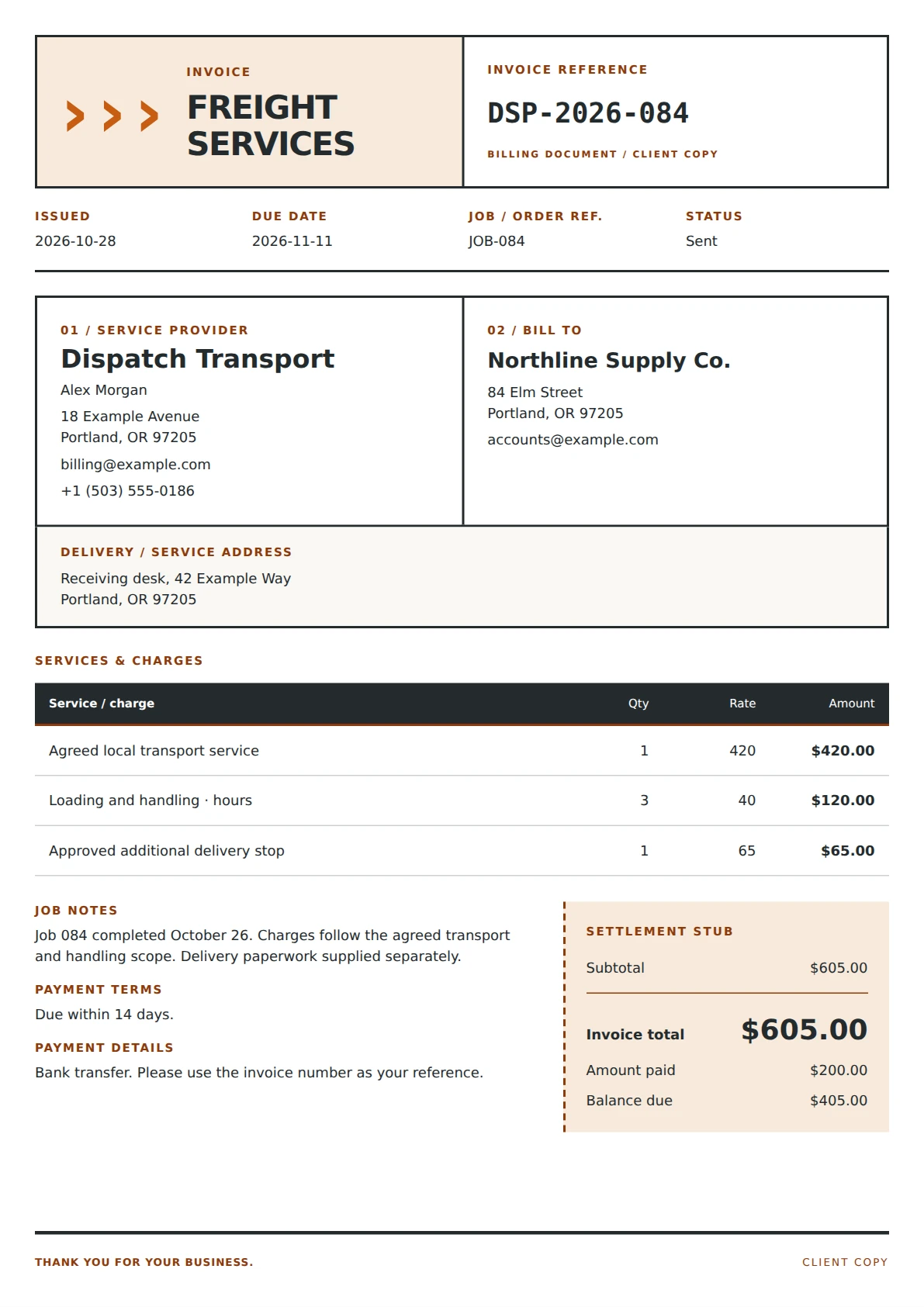 Dispatch Freight invoice template preview