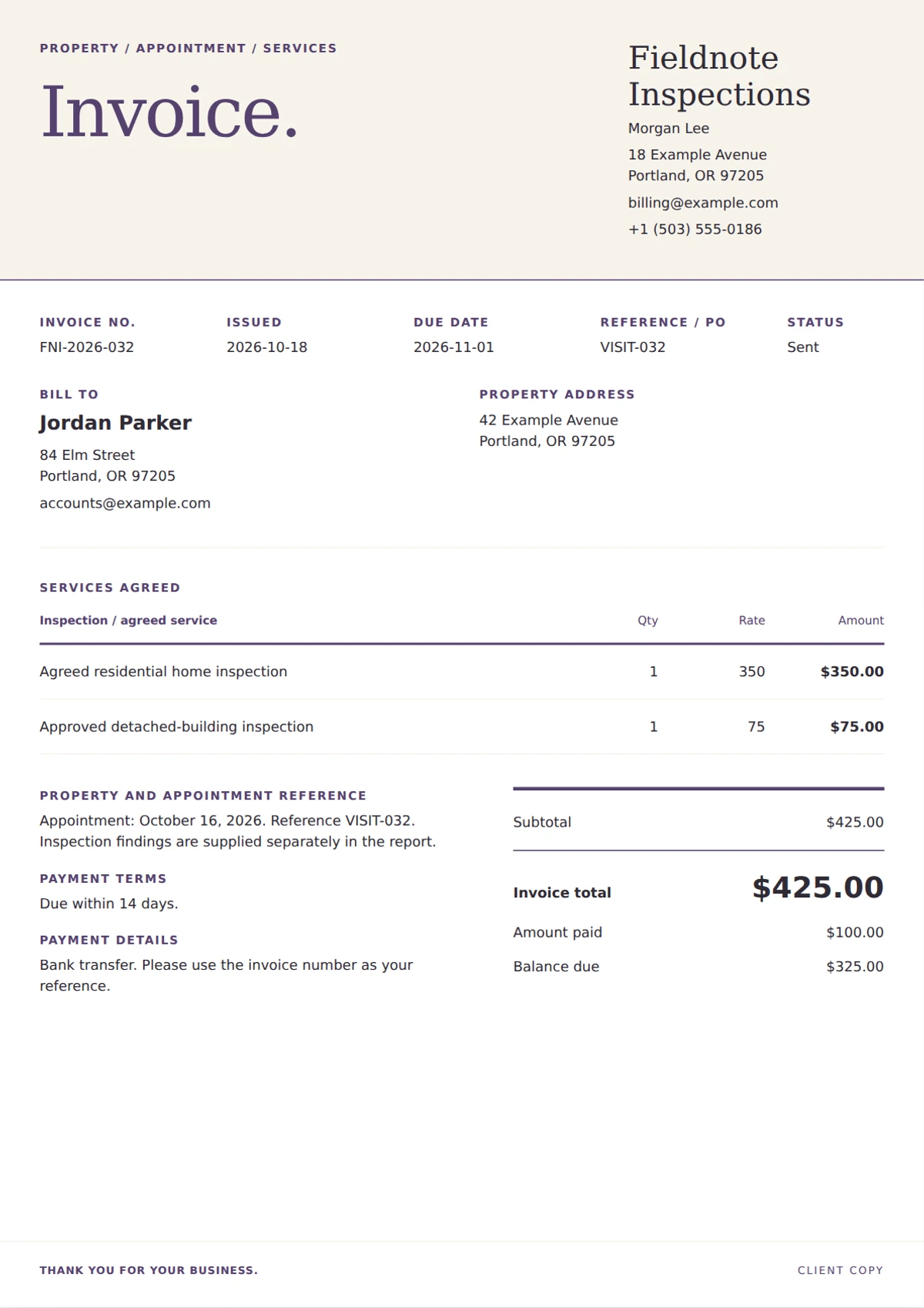Fieldnote Home Inspection invoice template preview