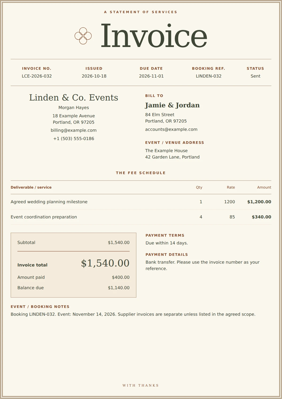 Folio Letterpress invoice template preview