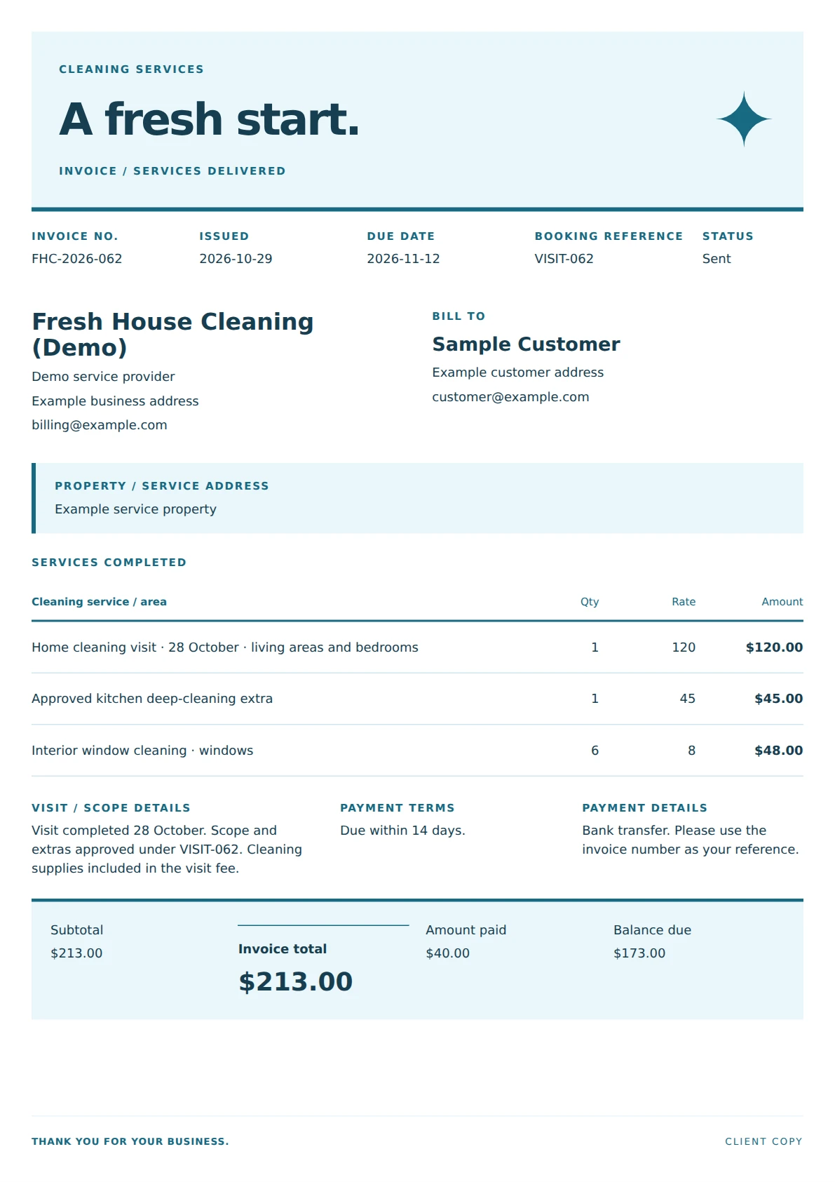Fresh Cleaning Services invoice template preview
