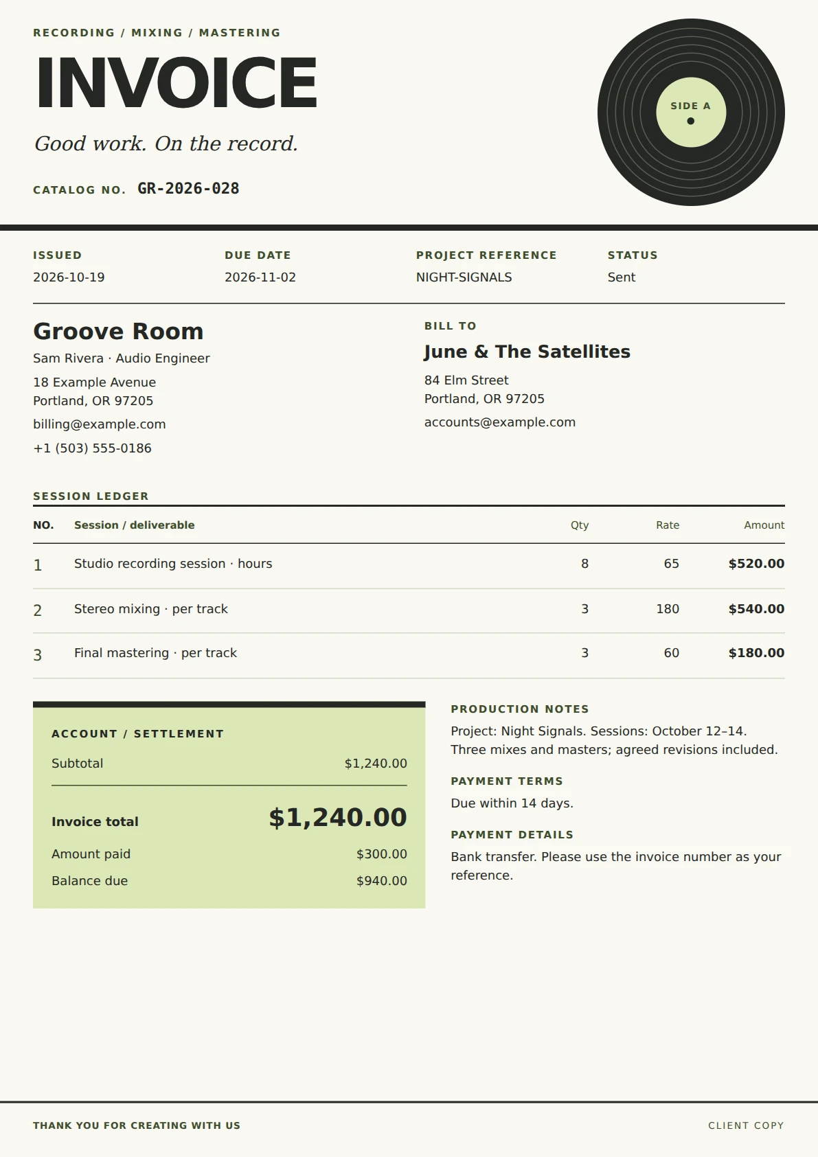 Groove Studio invoice template preview