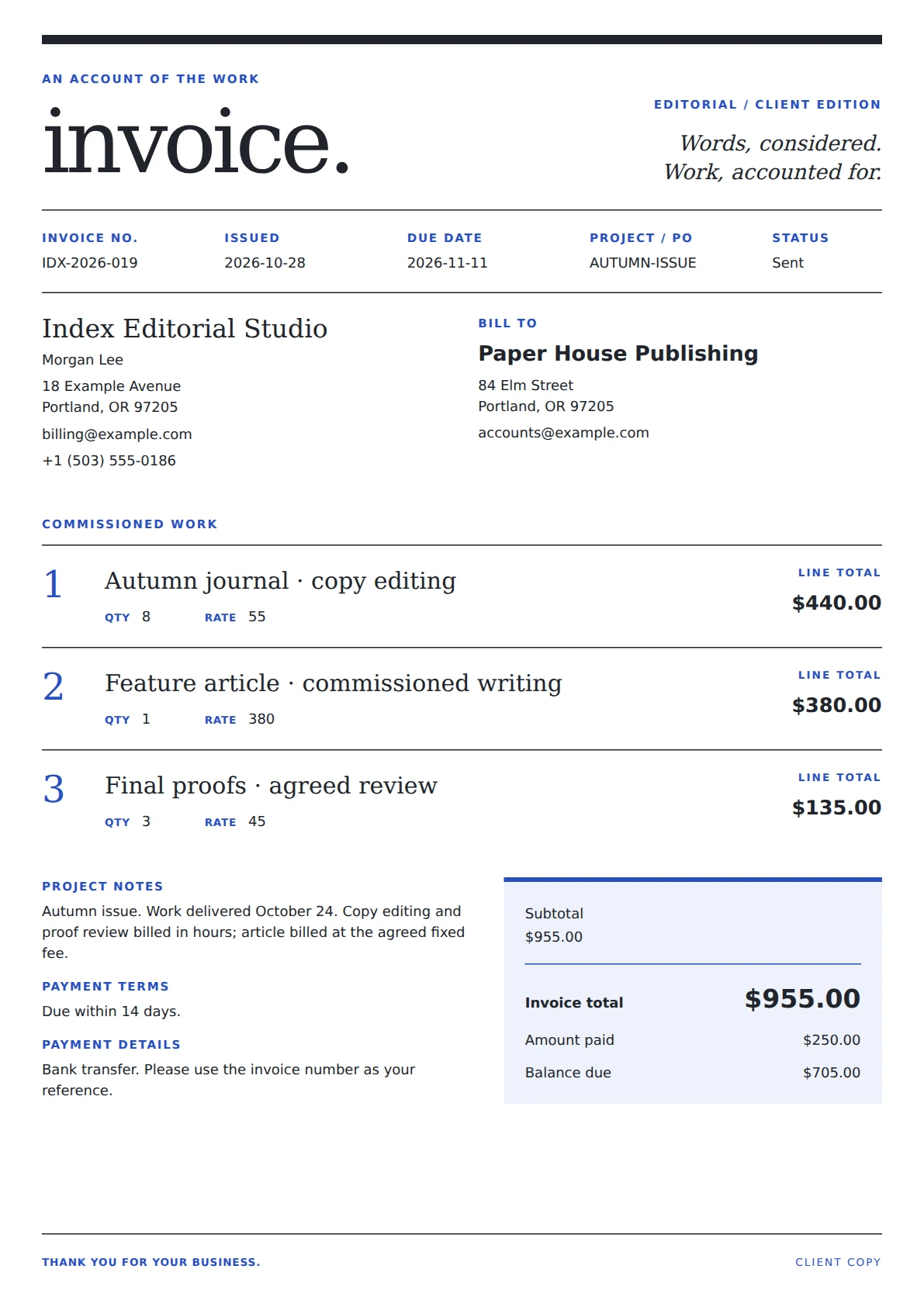 Index Editorial invoice template preview
