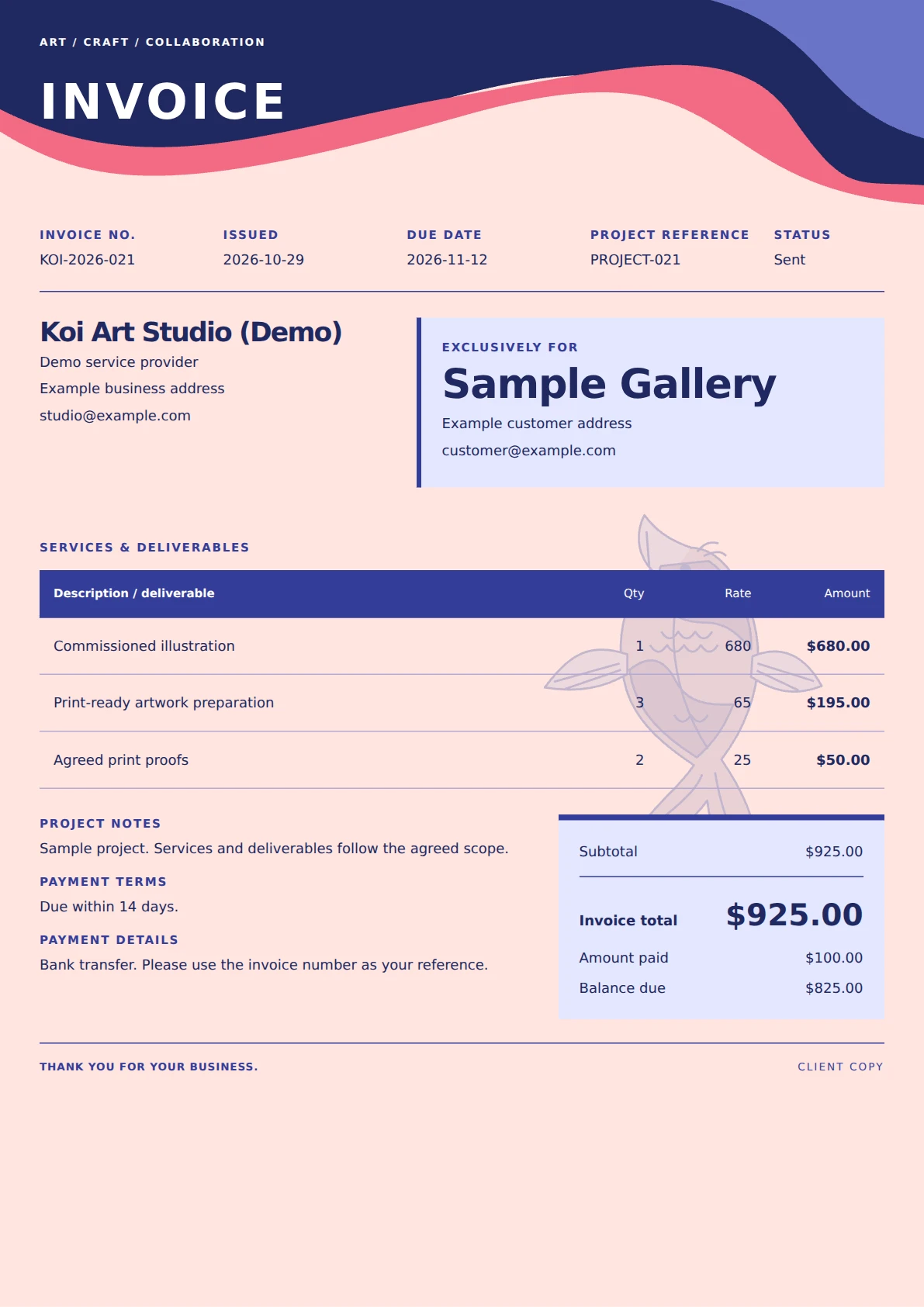 Koi Atelier invoice template preview