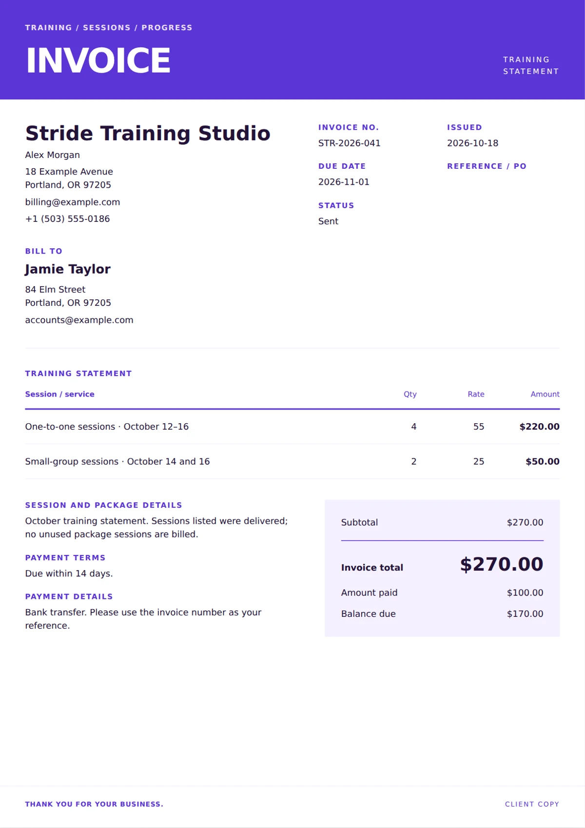 Stride Personal Training invoice template preview