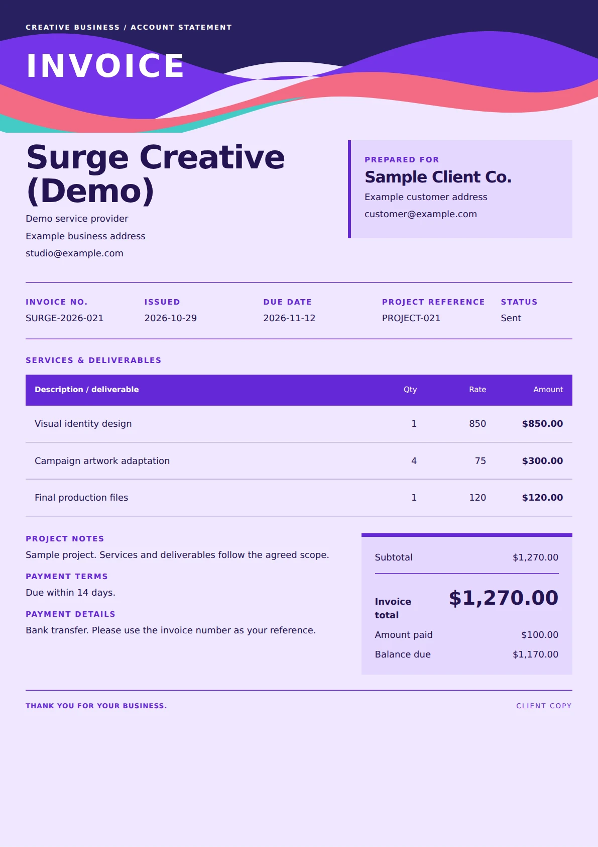 Surge Colorwave invoice template preview
