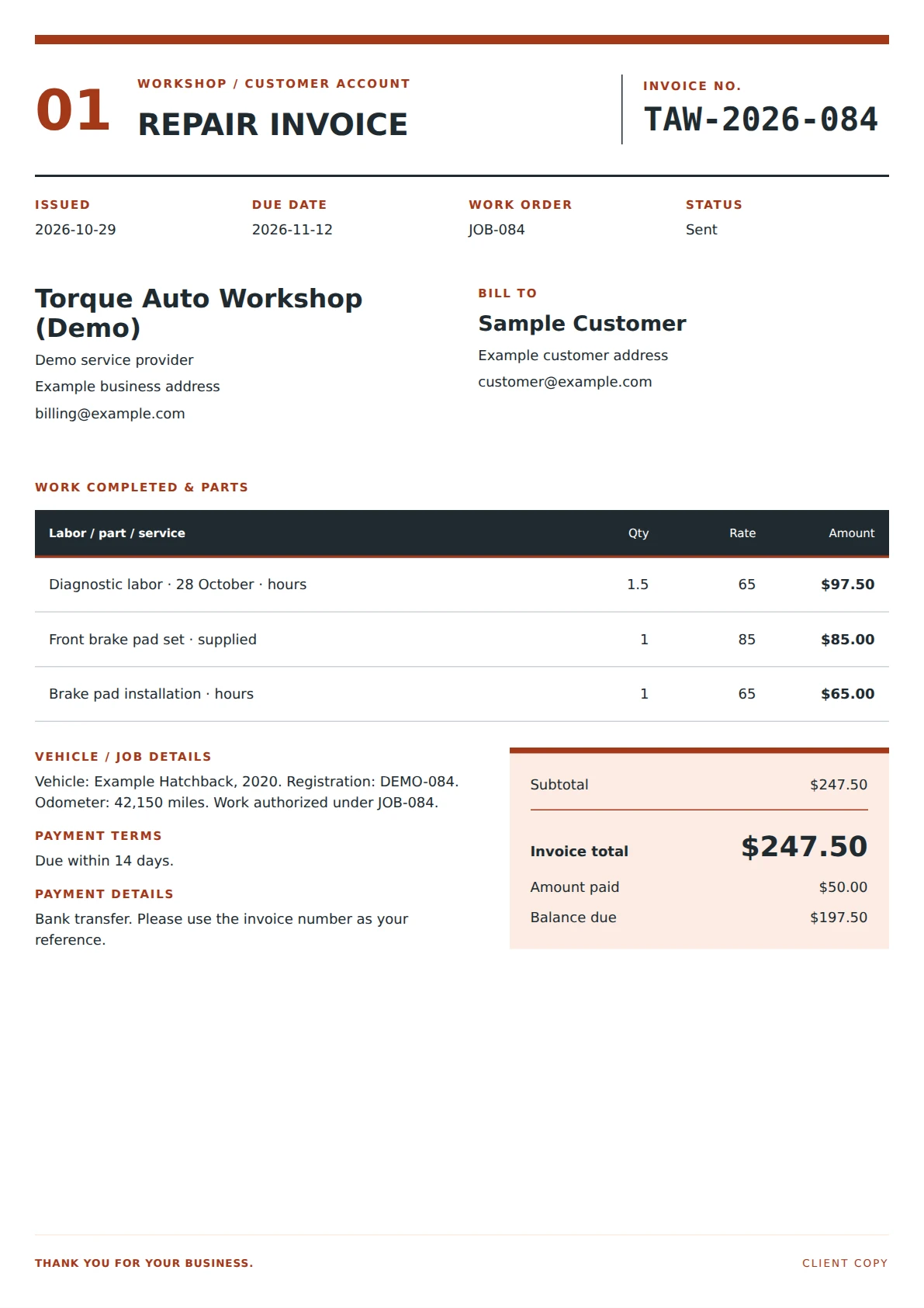 Torque Auto Repair invoice template preview