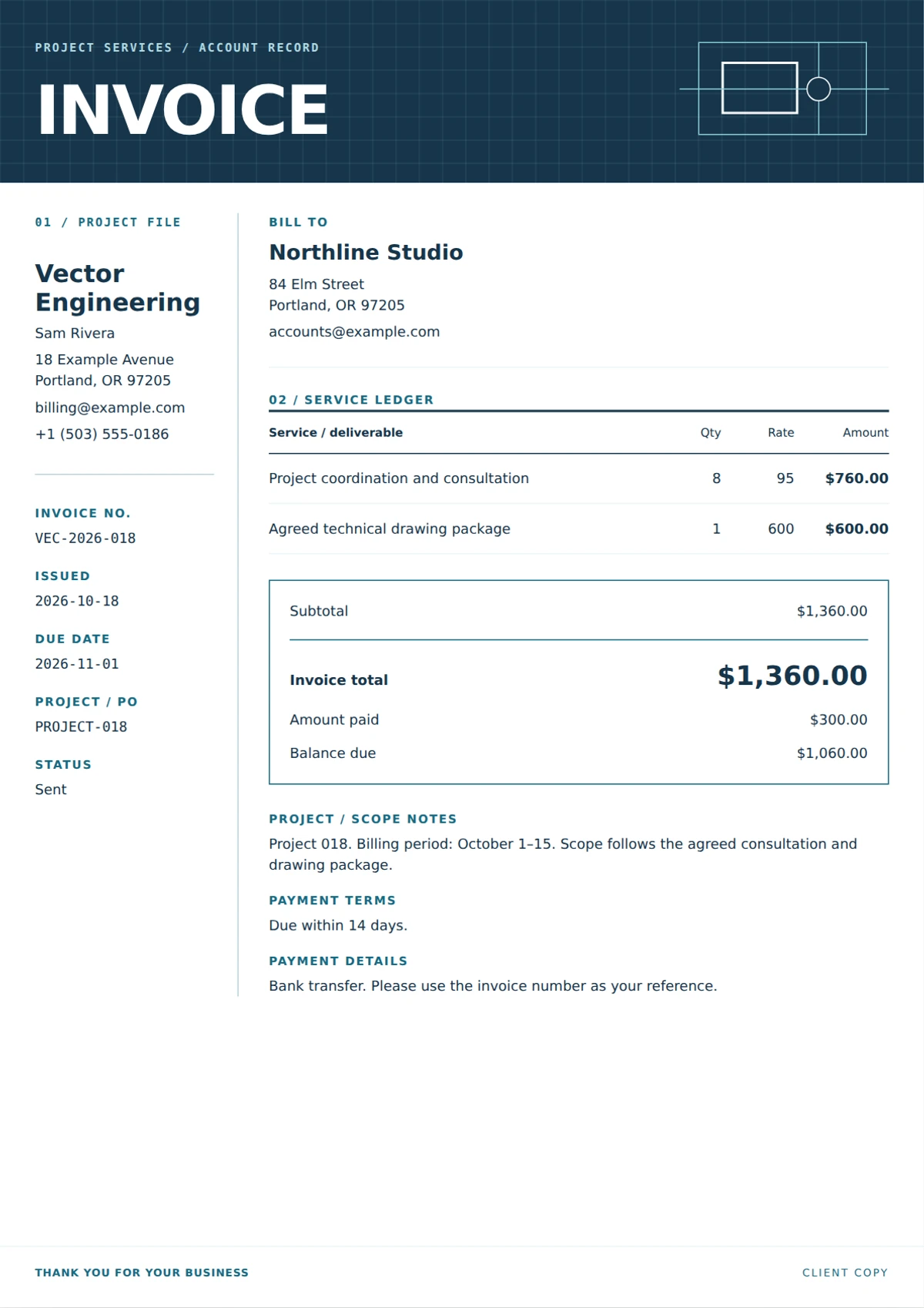 Vector Blueprint invoice template preview